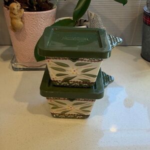 Temptations set of 2 olive Green and cream Ceramic Containers with lids